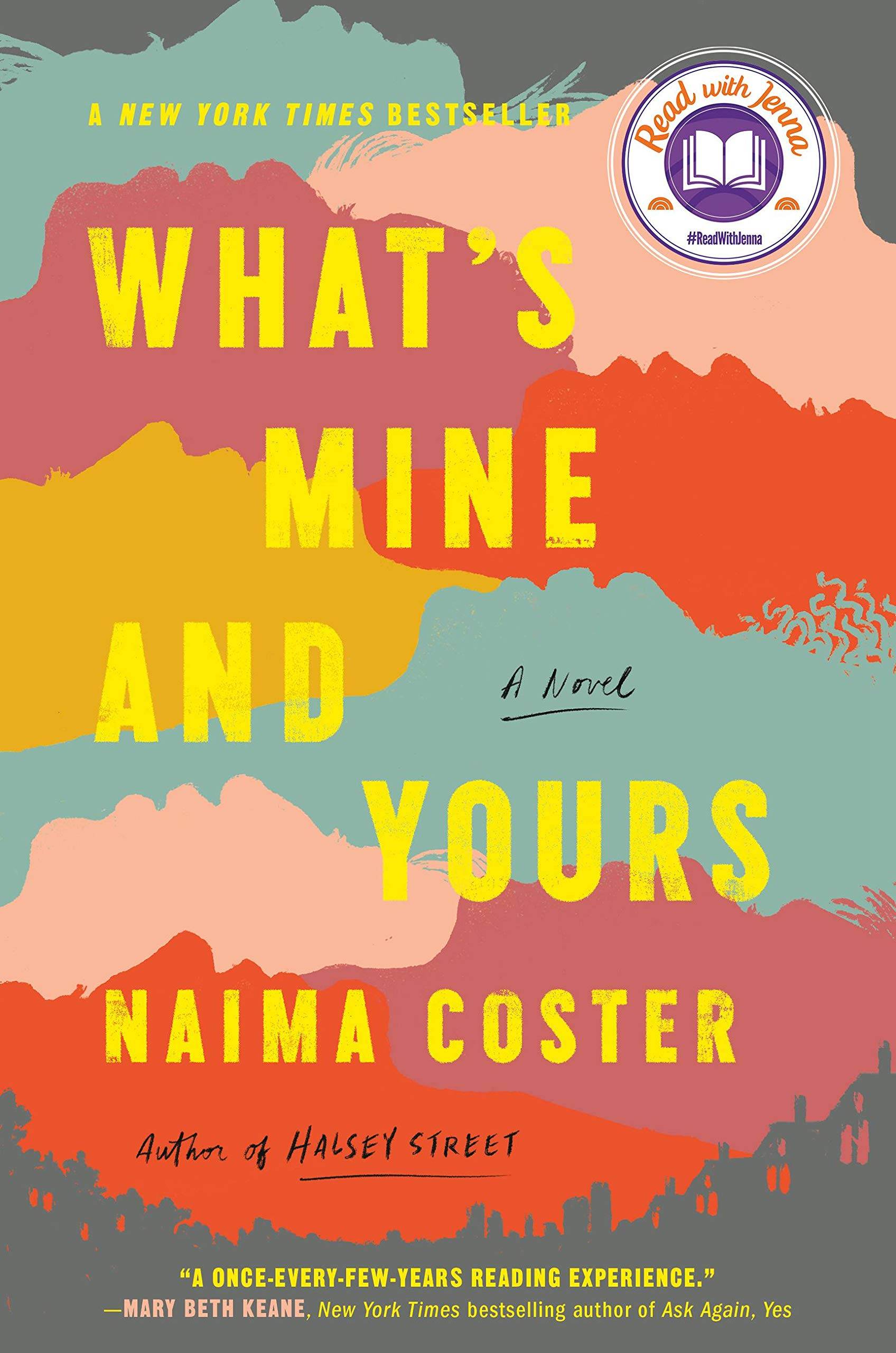 "what's mine and yours" cover featuring an abstract multi-colored hilly landscape.